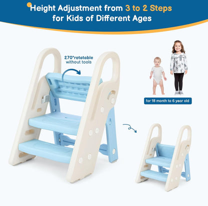 Onasti Foldable Toddler Step Stool for Bathroom Sink, Adjustable 3 Step Stool for Kids Toilet Potty Training Stool with Handles, Child Kitchen Counter Stool Helper, Plastic Ladder for Toddlers Pink