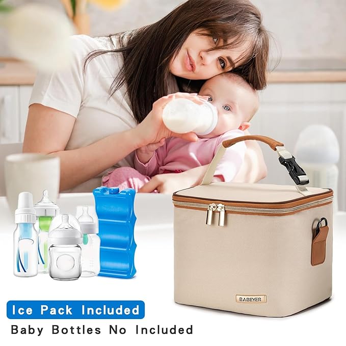 Breastmilk Cooler Bag with Ice Pack Fits 6 Baby Bottles Up to 5 Ounce, Baby Bottle Bag with Shoulder Strap for Nursing Mom Daycare, Cream