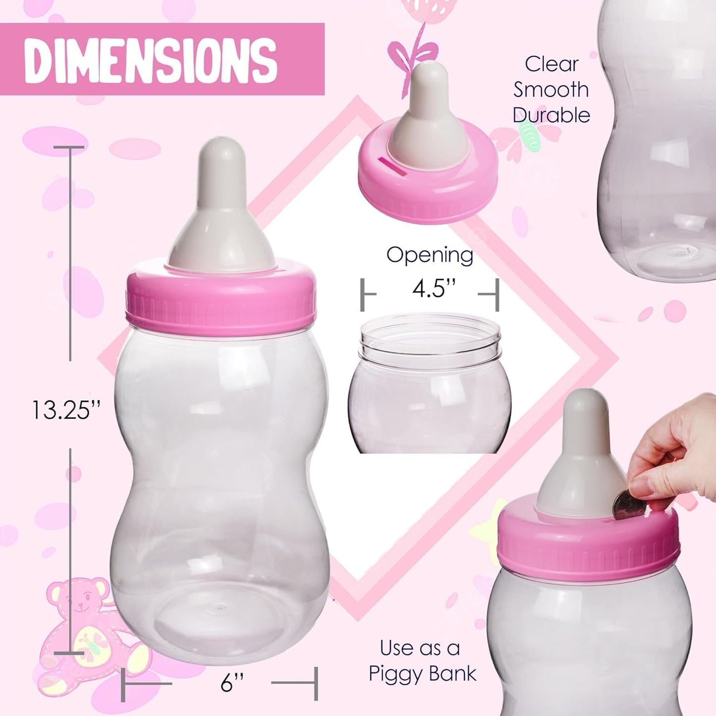Evershine Plastic Baby Bottle Bank, 13" Blue Fillable Baby Shower Bank, Plastic Jumbo Baby Favor Bottle Centerpiece