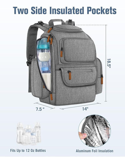 Mancro Diaper Bag Backpack, Multifunctional Baby Diaper Bag Backpack For Men Women with Stroller Straps, Travel Water Resistant Baby Diaper Backpack with 2 Side Insulated Pockets, White Grey