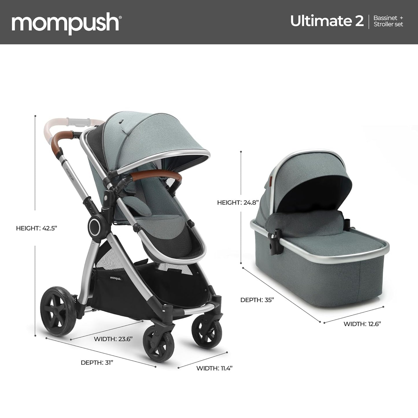Mompush Ultimate2 Baby Stroller, Premium Convertible Full-Size Stroller for Toddler, Reversible Seat with One Hand Recline Adjustment, Car Seat Adapter Included