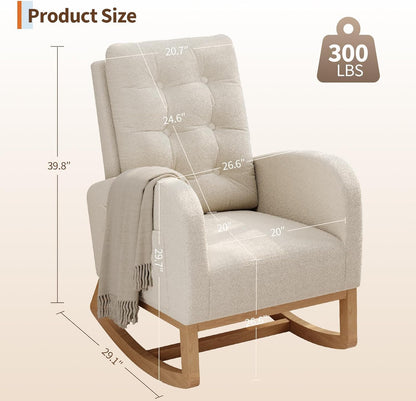 Modern Rocking Chair for Living Room, Comfortable Recliner Rocker with Side Pocket, Soft Linen Upholstered Glider Chair for Bedroom, Nursery, Lounge-Grey