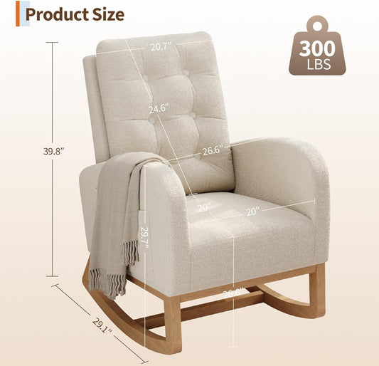 Modern Rocking Chair for Living Room, Comfortable Recliner Rocker with Side Pocket, Soft Linen Upholstered Glider Chair for Bedroom, Nursery, Lounge-Grey