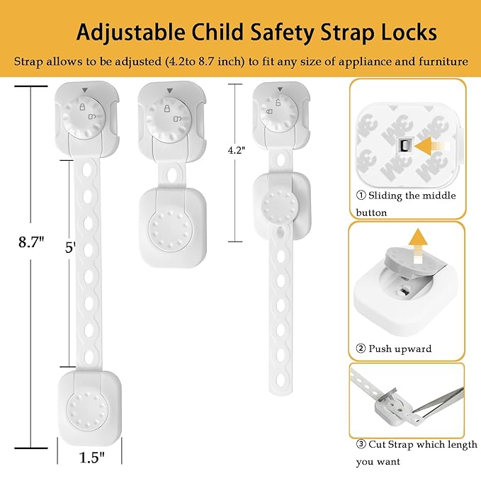 Fursafe&Q Child Safety Cabinet Proofing, Baby Cabinet Locks Adhesive Adjustable Child Safety Strap Locks Drawer Fridge Ovens Toilet Latches No Screws for Furniture Kitchen White 6Pack