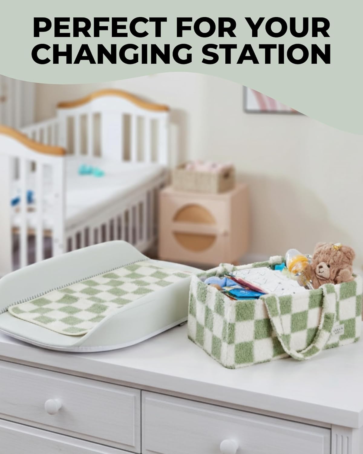 Baby Diaper Caddy Organizer with Portable Changing Mat - Teddy Fleece Diaper Organizer for Changing Table - Basket for Changing Essentials - Baby Essentials Organizer with Removable Dividers
