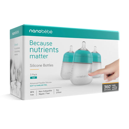 Nanobebe Flexy Silicone Baby Bottle, Anti-Colic, Natural Feel, Non-Collapsing Nipple, Non-Tip Stable Base, Easy to Clean 4-Pack, Pink/White, 5 oz