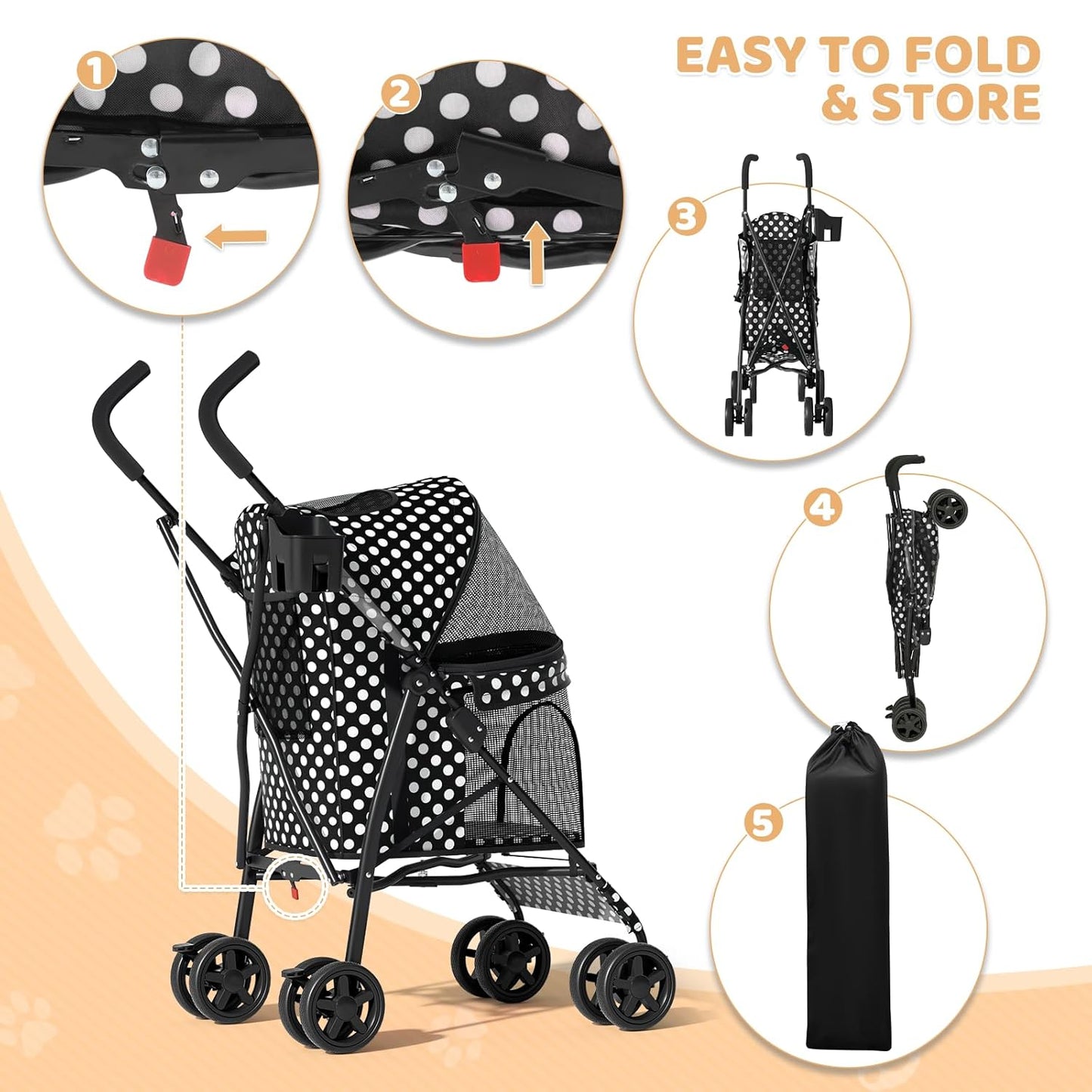 Magshion Compact Pet Stroller for Small-Medium Dogs/Cats up to 22lbs, 4-Wheel Lightweight Umbrella Shaped Portable Puppy Travel Jogger with Breathable Mesh, Cup Holder & Rear Storage, Black