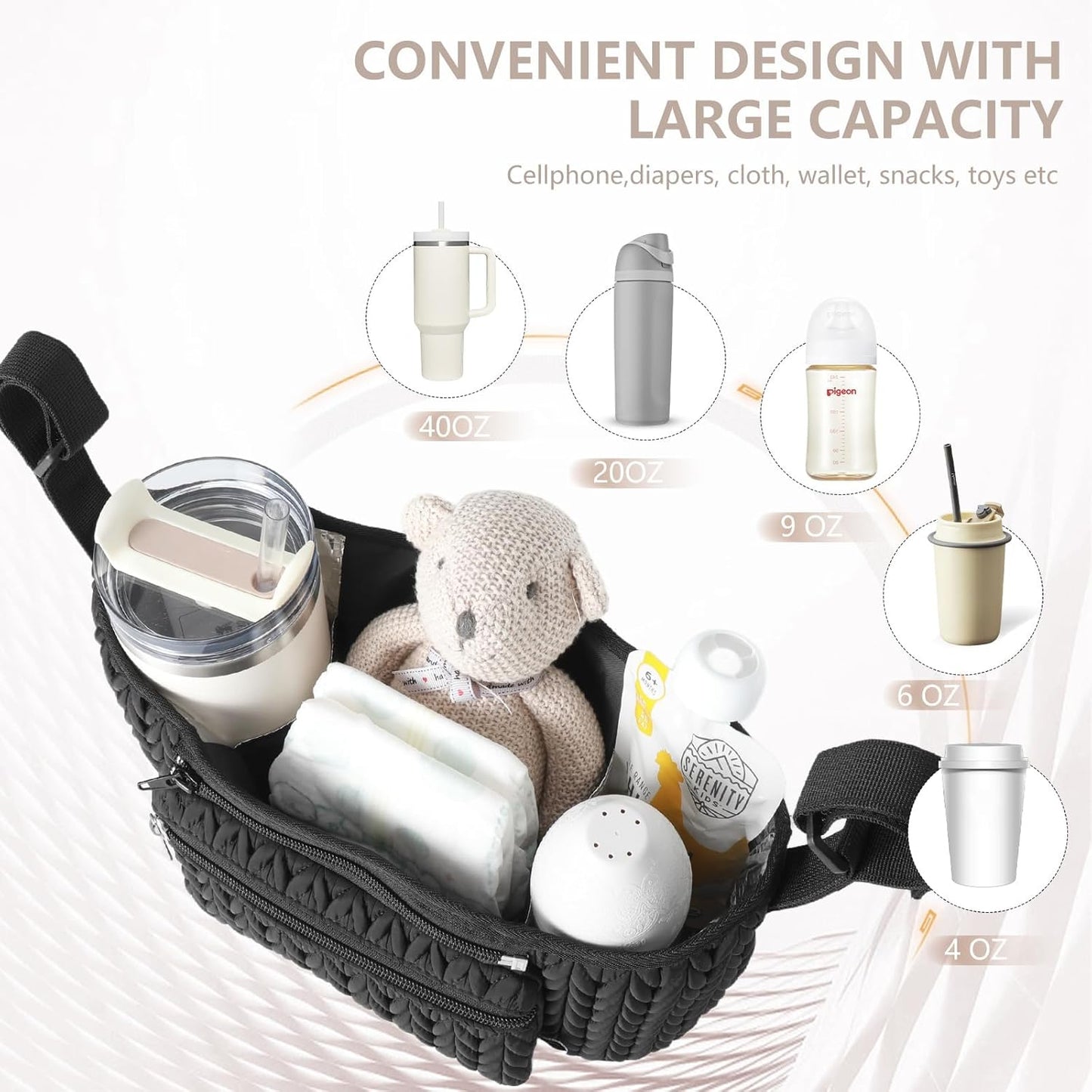Stroller Organizer With Insulated Bottle Holder- Universal Fit, Detachable Bag, Fit For Most Of The Stroller And Pet Stroller (Black-B)