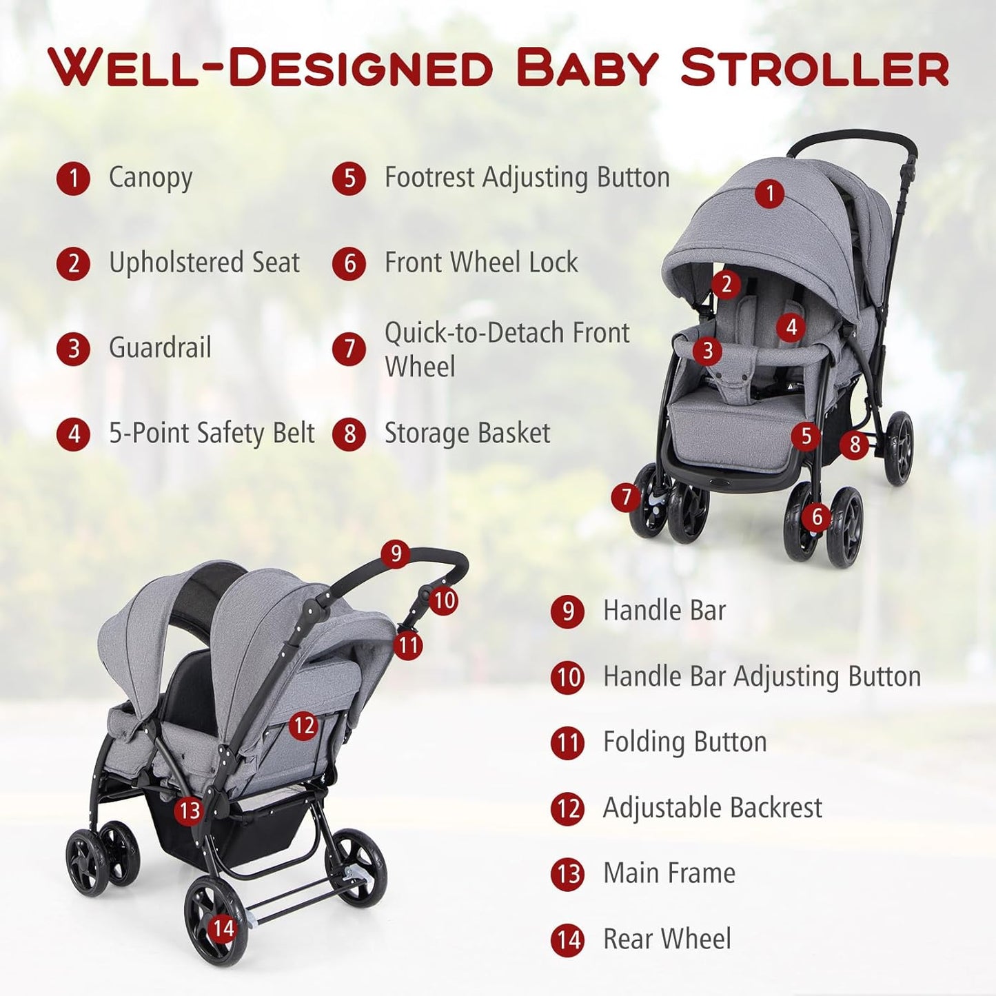 HONEY JOY Double Stroller, Foldable Lightweight Infant Twin with Tandem Seating, 5-Point Harness, Recline Seat, Storage Basket, Compact Baby Double Stroller Newborn and Toddler (Black)