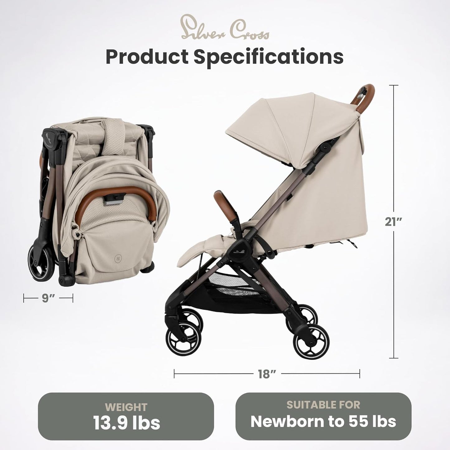 Silver Cross Clic Compact Travel Stroller – (Latte) – Lightweight Baby Stroller for Airplane Travel – One-Hand Fold, Lie-Flat Infant & Toddler Seat – Birth to 55 lb