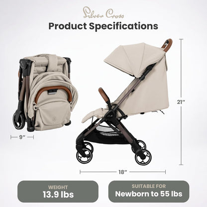 Silver Cross Clic Compact Travel Stroller – (Latte) – Lightweight Baby Stroller for Airplane Travel – One-Hand Fold, Lie-Flat Infant & Toddler Seat – Birth to 55 lb