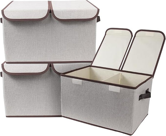 Foldable Fabric Storage Box, 16.5 x 11.8 x 9.8 inches (L x W x H), with Double-Lid & Dividers, Large Organizer for Home, Closet, Office(Grey, 3 Packs)