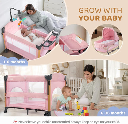JOYMOR 7 in 1 Bedside Bassinet with Changing Table, All in One Nursery Center, Bedside Sleeper with Mattress, Sheet, Canopy, Storage Shelf,Gray