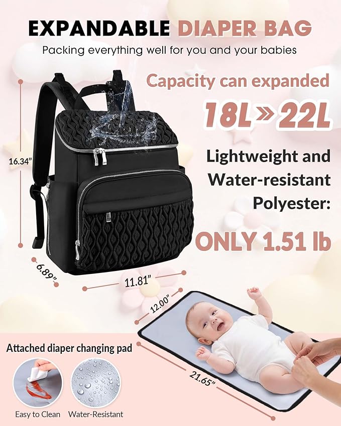 Baby Diaper Bag Backpack, Expandable Baby Bag for Girl Boy, Travel Diaper Backpack with Insulated Pocket, Changing Pad, Quilted Diaper Bag for Mom Dad, Newborn Baby Essentials Must Have Black