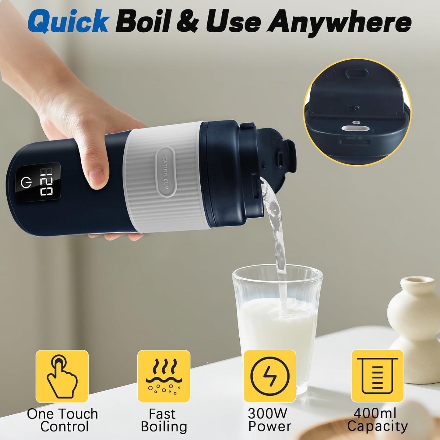 Portable Baby Bottle Warmer, Travel-Friendly with Detachable Battery Base, Type-C Fast Charge, 316 Stainless Steel, Touch Control, 8H Constant Temperature, Child Lock, 95-131°F