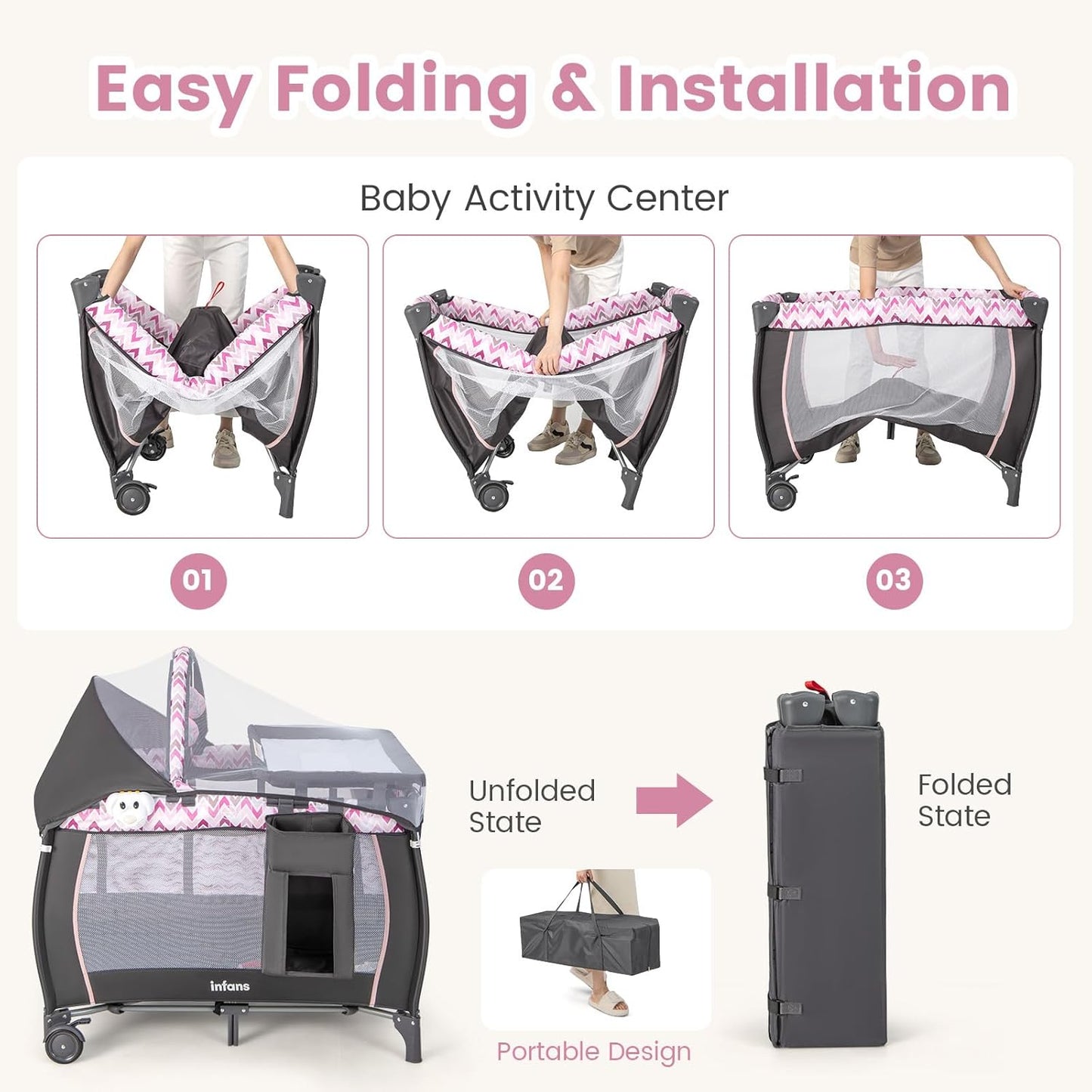 INFANS 4 in 1 Pack and Play, Portable Travel Baby Playard with Bassinet, Changing Table, Canopy, Mosquito Net, Hanging Toys, Music Box, Storage Bag, Large Playpen from Newborn to Toddlers (Pink)