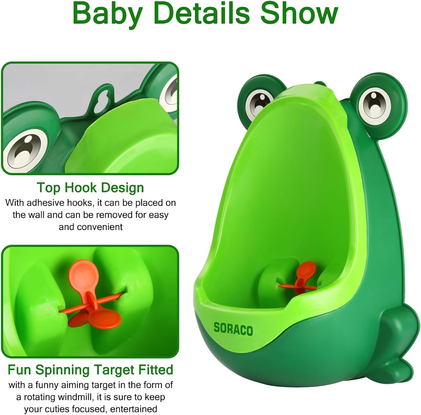 Soraco Cute Frog Potty Training Urinal for Boys with Funny Aiming Target, Toddler Urinals for Potty Training (Green)