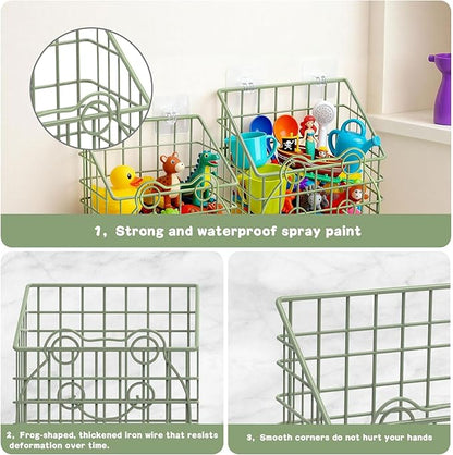 Greentainer 2 PackBath Toy Organizer, Wall Mounted Shower Storage Basket - Metal Bathtub Toy Holder with Hooks for Sorting Kids Toys, Baby Bath Accessories, Toiletries & Shampoo（Green frog）