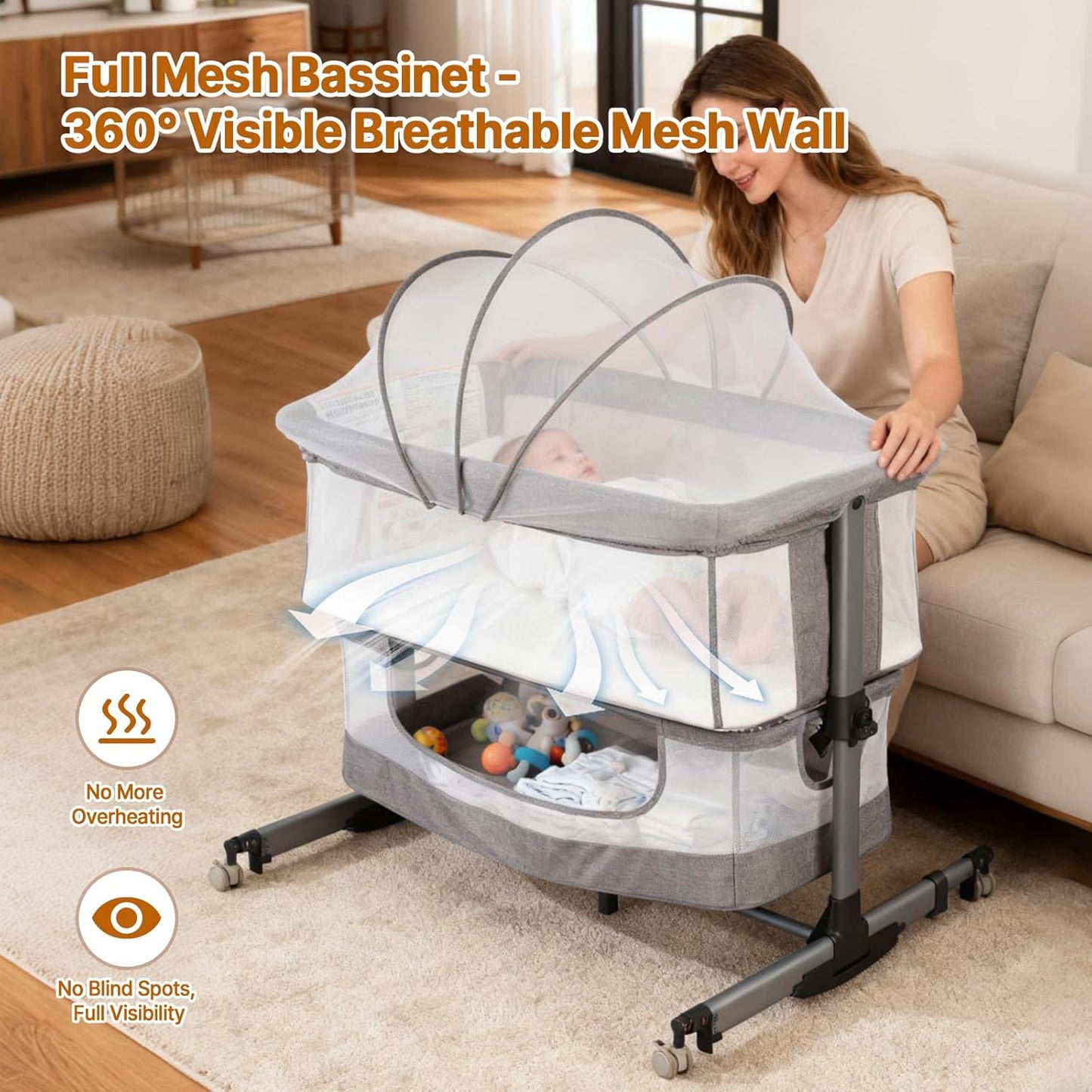 Baby Bassinet Bedside Sleeper, 3-in-1 Bedside Bassinet, 5 Height Adjustable Rocking Baby Crib, Breathable Full Mesh, Mosquito Net, Storage Basket, Stable and Secure Bassinets for Newborn (Pink)
