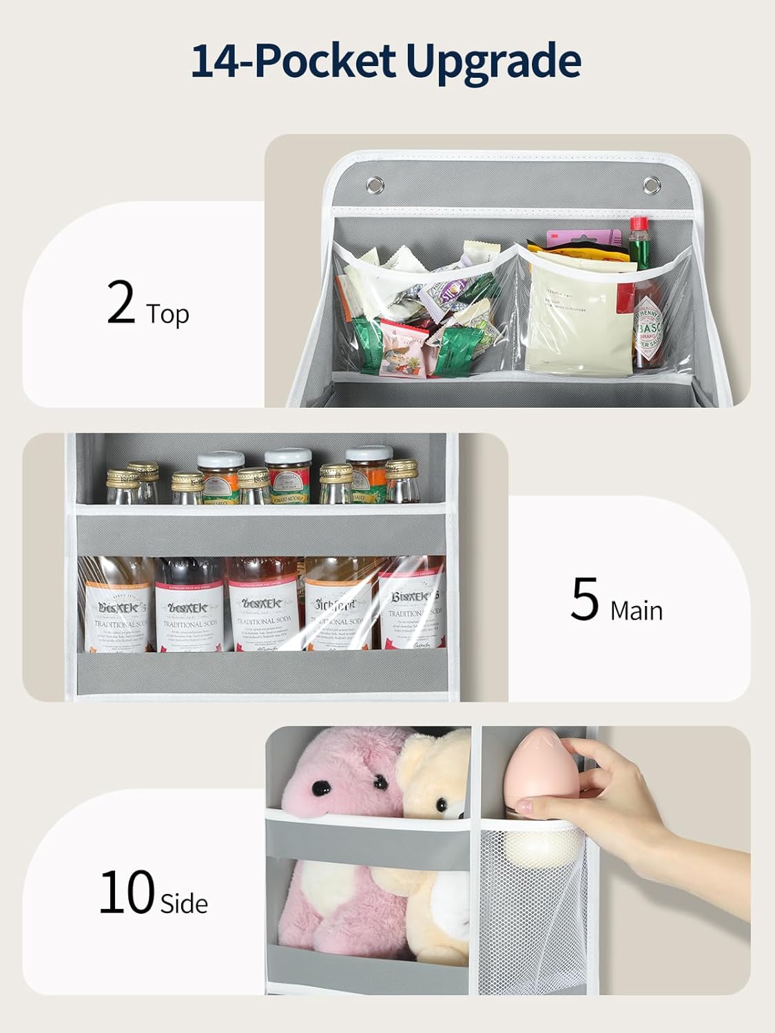 Yecaye 5 Tier 1Pc Over the Door Organizer, Stuffed Animal Storage with Clear PVC Windows, Door Organizer Hanging for Bedroom Nursery Closet Dorm Room Laundry Pantry Bathroom, Grey