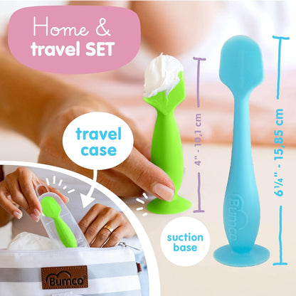 Bumco Mini Baby Diaper Cream Spatula with Case - BPA-Free Silicone Diaper Spatula with Suction Cup, Wipe-Clean Baby Bum Brush, Mom-Invented Butt Paste Applicator (Blue)
