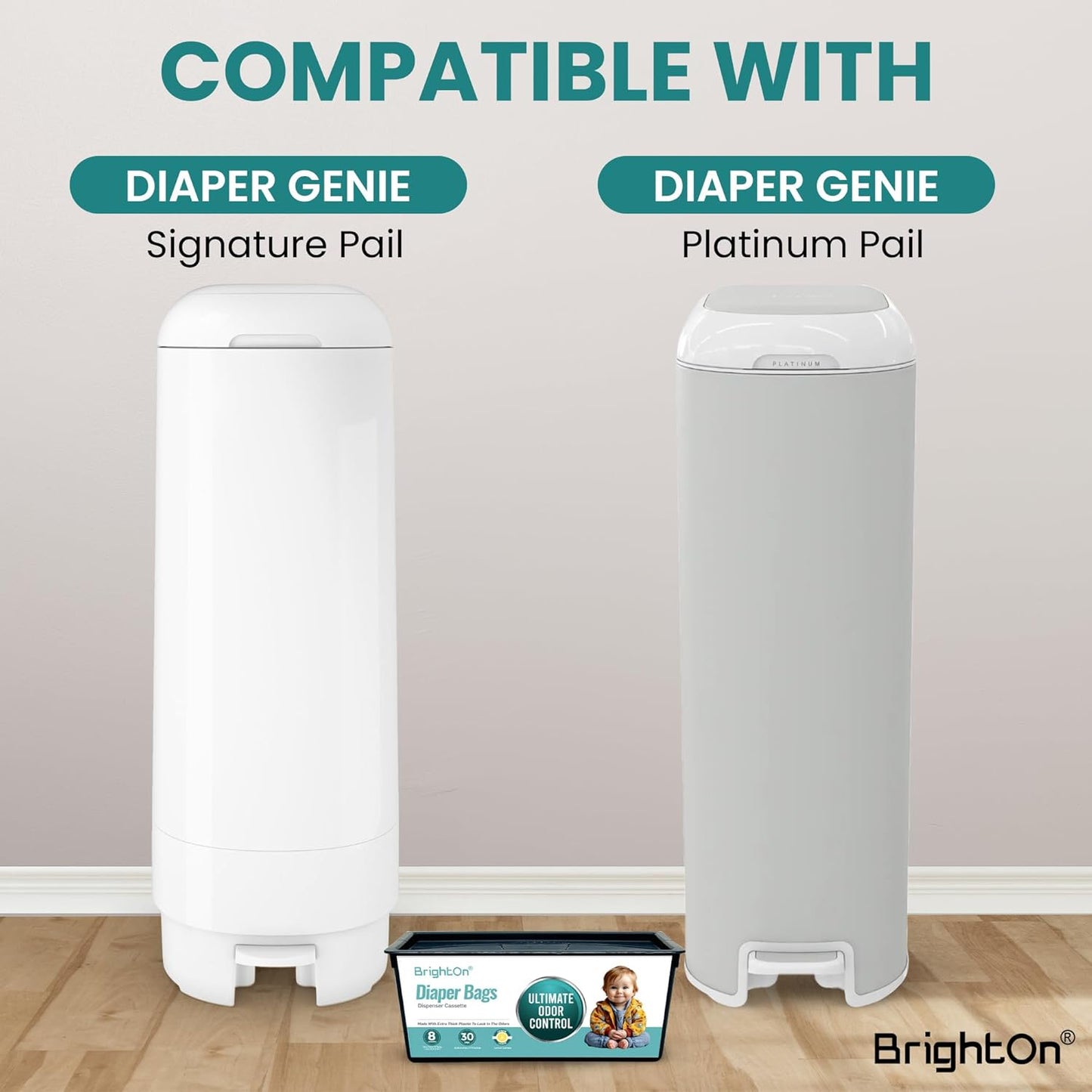 BrightOn® Diaper Pail Refill Bags, 30 Bags Per Refill, Compatible with Genie Easy Roll Signature Diaper Pails, Holds Up to 2820 Newborn Diapers, Real 7 Layer Odor Barrier, Unscented, 2PACK (60 Bags)