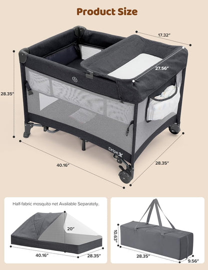 Dripex 5 in 1 Pack n Play Bedside Sleeper, 2-Level Height Baby Crib, Storage Pocket & Breathable Mesh - Foldable Portable Baby Bedside Bassinet for 0 to 12 Months (Travel/Home), Dark Grey