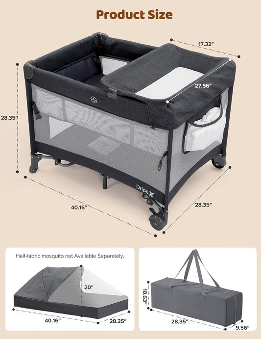 Dripex 5 in 1 Pack n Play Bedside Sleeper, 2-Level Height Baby Crib, Storage Pocket & Breathable Mesh - Foldable Portable Baby Bedside Bassinet for 0 to 12 Months (Travel/Home), Dark Grey