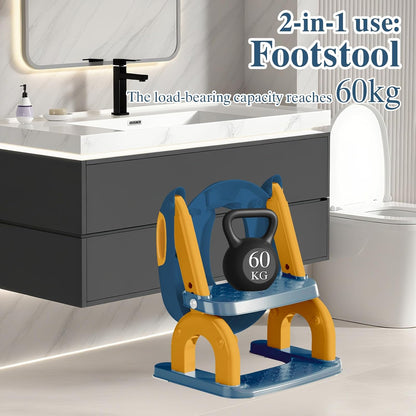 Potty Training Seat with Ladder for Toddlers, 2-in-1 Adjustable Potty Training Toilet for Kids Boys Girls with Splash Guard, Waterproof Cushion, Anti-Slip Pad Step Stool - Dark Blue