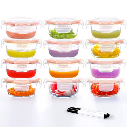 Luvan 7oz Glass Baby Food Containers, 12 Pack with Leakproof Lids, Stackable, Freezer Safe, Baby Bullet Containers for Fruit Purees and Vegetable Mashes