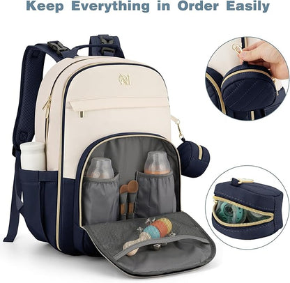 MOMUVO Diaper Bag Backpack, Quilted Baby Bag with Changing Pad & Stroller Straps & Pacifier Case, Large Travel Diaper Bags for Mom Dad, Blue Beige