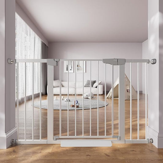 Cumbor 29.7–51.5" Extra Wide Baby Gate for Stairs, Pressure-Mounted Dog Gates for Doorways & Hallways, Auto-Close Walk-Through, No-Trip Design, Child Proof Safety, Dog/Pet Gate for Indoor Use, Silver