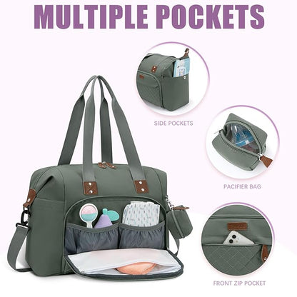 Tuwubi Diaper Bag Tote,Baby Diaper Bag with Pacifier Case Large Travel Diaper Tote Caddy for Mom and Dad Multifunction Baby Bag - M-Olive Green