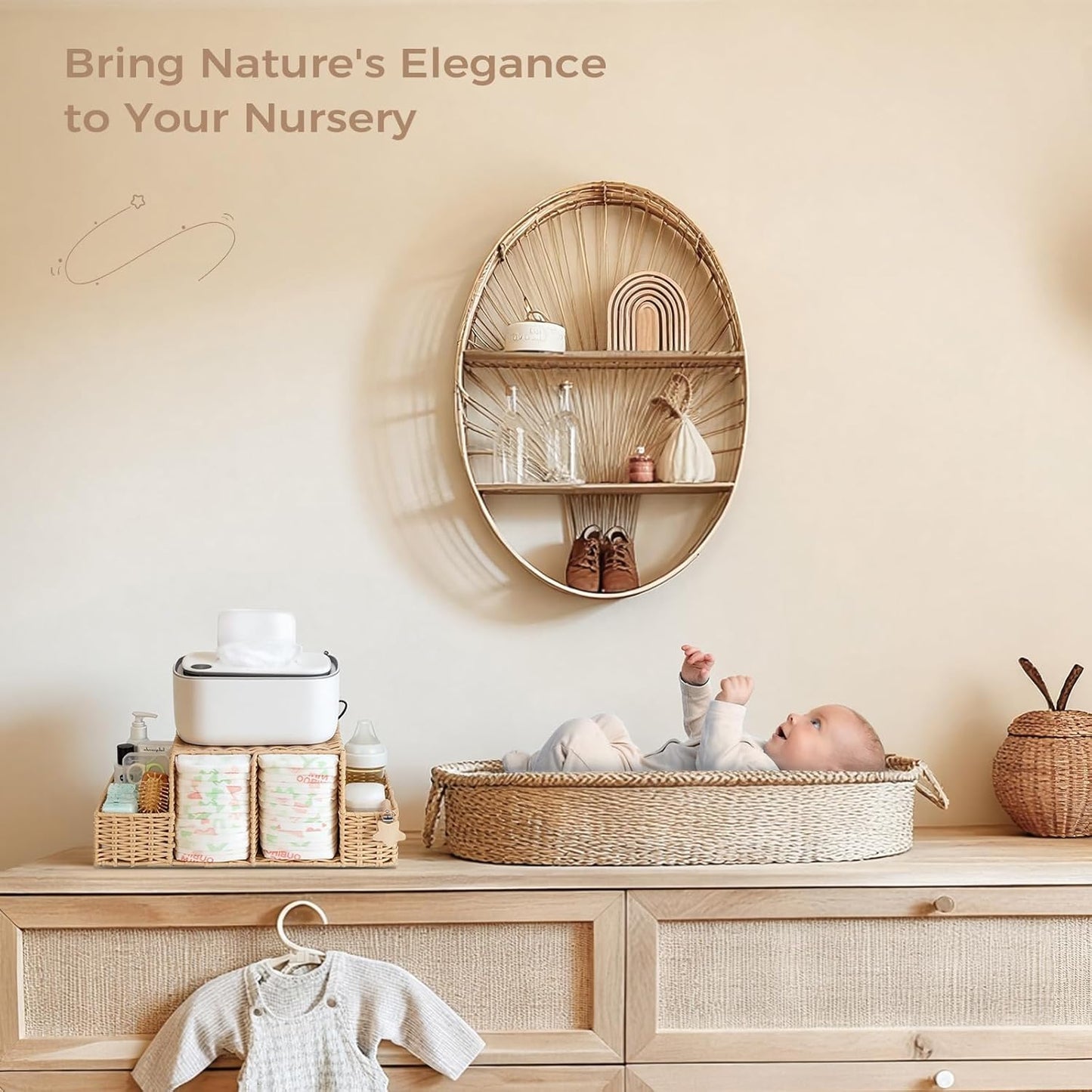 Diaper Caddy Organizer, Hand Rattan Nursery Storage Basket for Baby Essentials, Baby Changing Table Organizer Perfect Nursery Assistant (Natural Light Woven - Style 1, M)