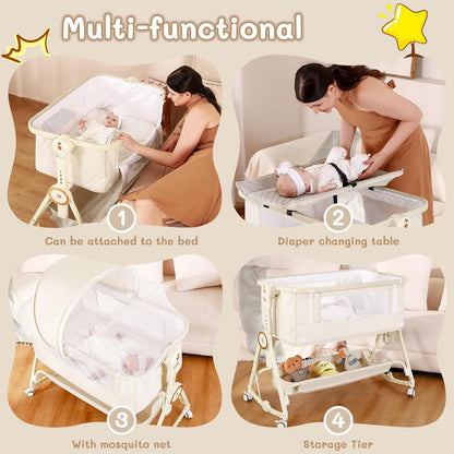 Baby Bassinet 5 in 1,Baby Bedside Bassinet with Diaper Changer, Mosquito Net, Mattress, Storage Layer, Can Be Stored in One Button Travel Crib (Beige)
