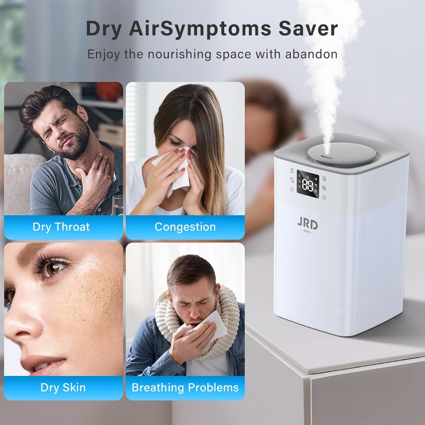 JRD 4L Humidifiers for Bedroom, Cool Mist Humidifier for Large Room, 40H Runtime, 360° Nozzle, Night Light for Home, Office, Baby Nursery, Plants（Black）