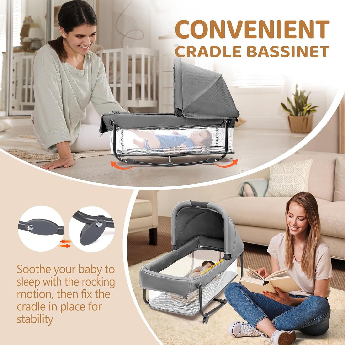 JOYMOR Twin Bassinet for Baby, Beige Bedside Bassinet, Convertible to Bedside Sleeper and Playpen, with Wheel, Brake, Foldable Side Sleeper,Beige