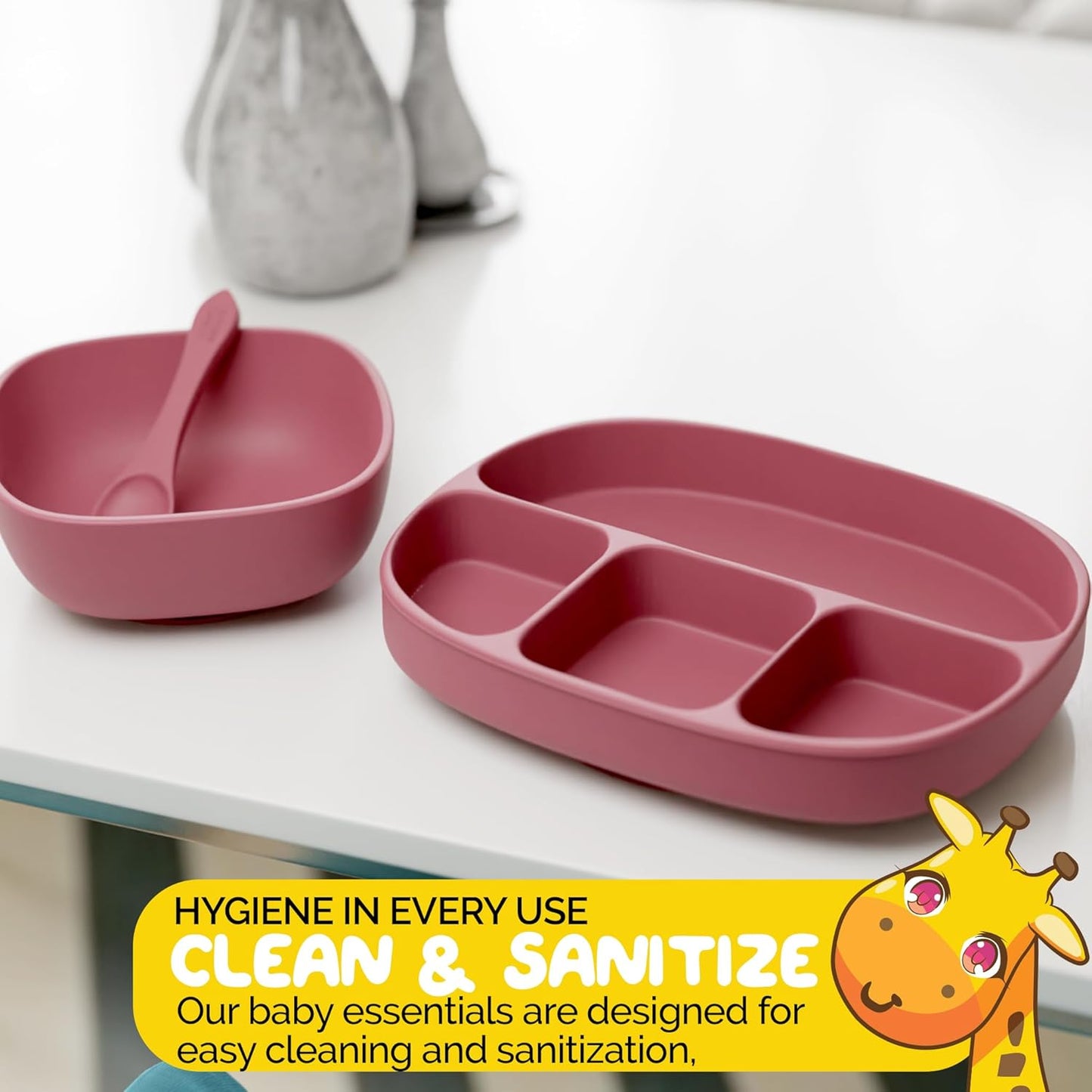 Baby Feeding Set by Muqee Peeko as a Baby Feeding Essentials in Baby Apricot Color with Baby Suction Plates for Toddlers, Baby Bowls with Suction and Baby Spoon (3 Piece Set)