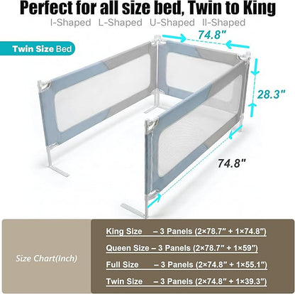 King Size Baby Bed Rail Guard – Extra Tall Safety Bedside Rail with Headboard Rod for Toddlers, Adjustable No-Gap Design, 3 Panels (2×78.7″ + 1×74.8″), Gray + Light Blue
