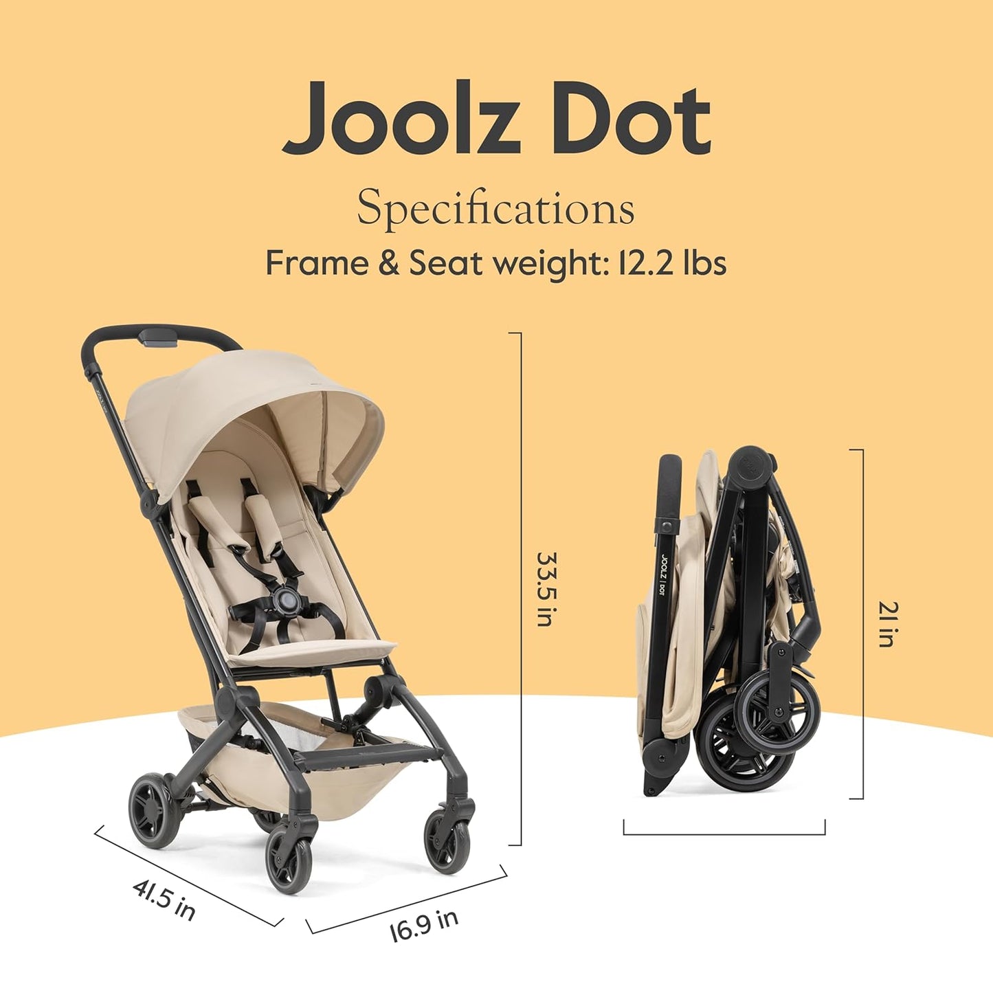 Joolz Dot Ultra Lightweight Travel Stroller – Compact Fold, Airplane Compatible, 5-Point Harness, UPF 50+ Canopy – Easy to Carry City & Travel Stroller - Dune Beige