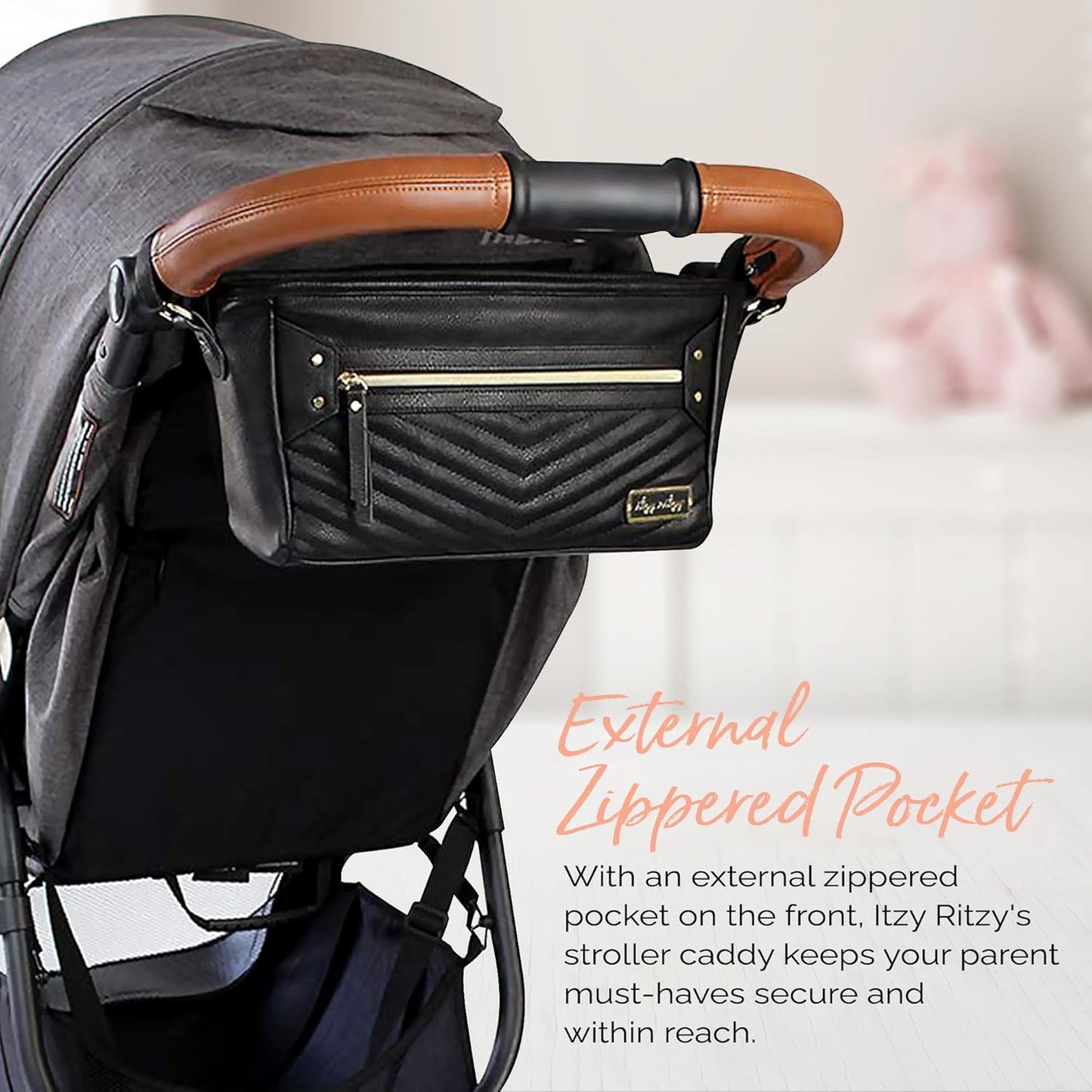 Itzy Ritzy Adjustable Stroller Caddy and Organizer Bag Featuring Front Zippered Pocket, 2 Built-In Interior Pockets & Adjustable Straps to Fit Nearly Any Stroller (Coffee and Cream)