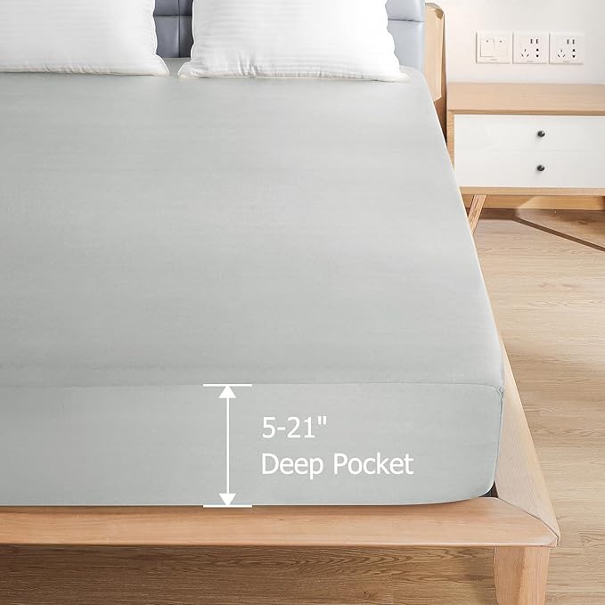 Full Size Waterproof Mattress Protector - Noiseless, Breathable, Machine Washable Fitted Mattress Cover with Deep Pocket up to 5”-21”（Light Grey）