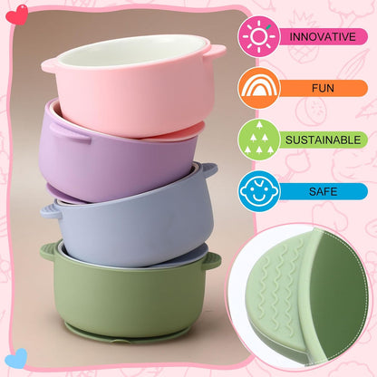 Domensi 4 Sets Kids Porcelain Bowls with Suction Sleeves Toddler Suction Bowl Upgrade Durable Microwave Dishwasher Safe Cereal Soup Snack Dishes for Baby Children Feeding Supplies (Macaron Colors)