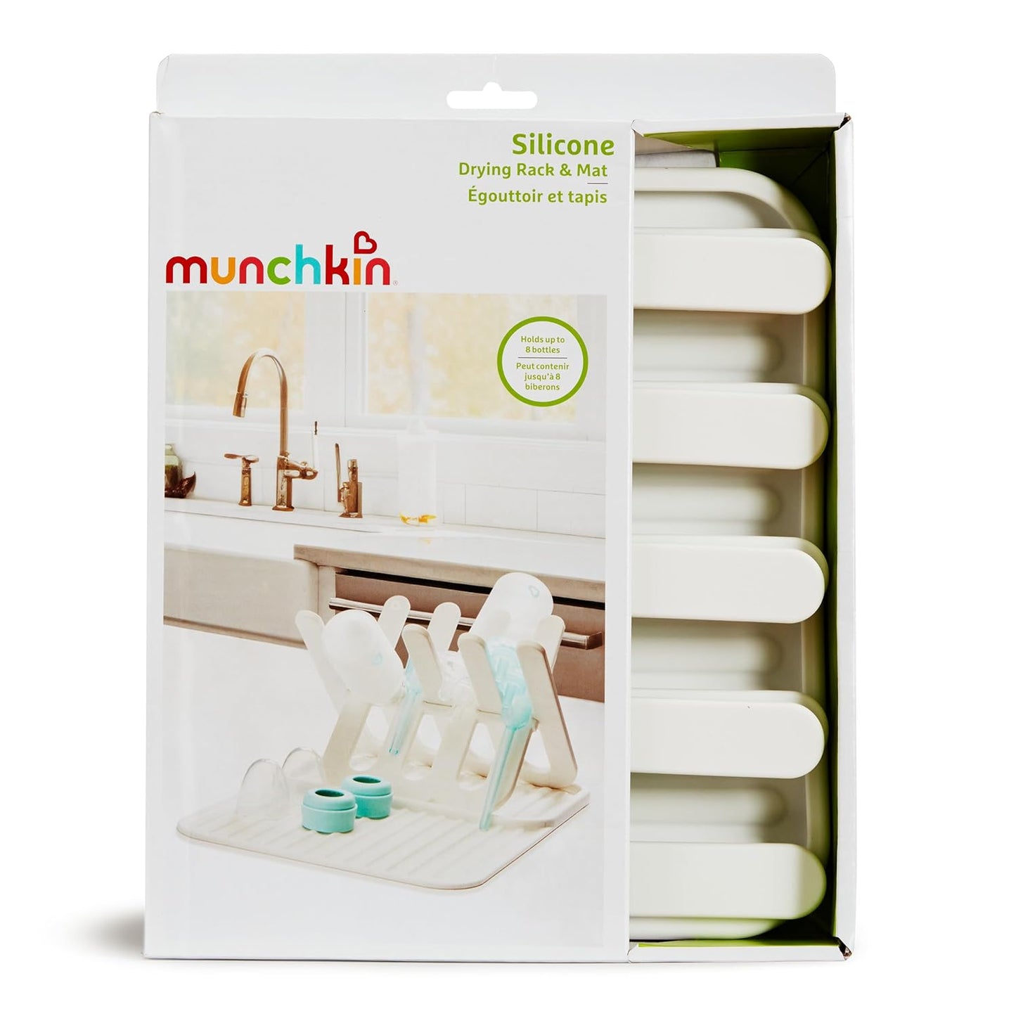 Munchkin Bottle Drying Rack and Mat, Holds 8 Bottles, Pump Parts, Pacifiers, & Accessories, Space Saving Folding Design, Home and Travel Use, Silicone, White