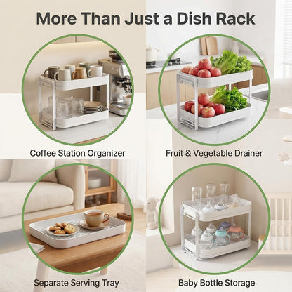 2-Tier Cup Drying Rack with Removable Drainboard, Rust-Proof Iron Mug Organizer, Multi-Purpose Bottle Drying Stand for Baby Bottles, Fruits, Vegetables, Countertop Space Saver, White