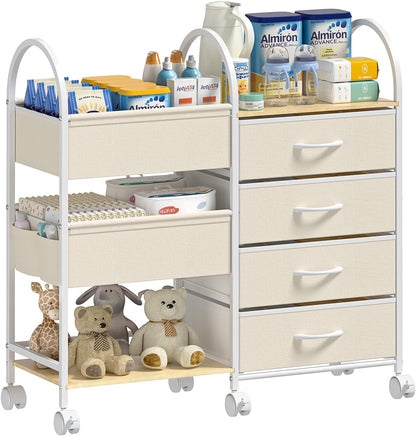 Baby Diaper Caddy Organizer Cart with Wheels, 4-Tier Rolling Diaper Cart with Dividers and Drawers, Multi-Layer Nursery Storage for Diapers & Baby Essentials