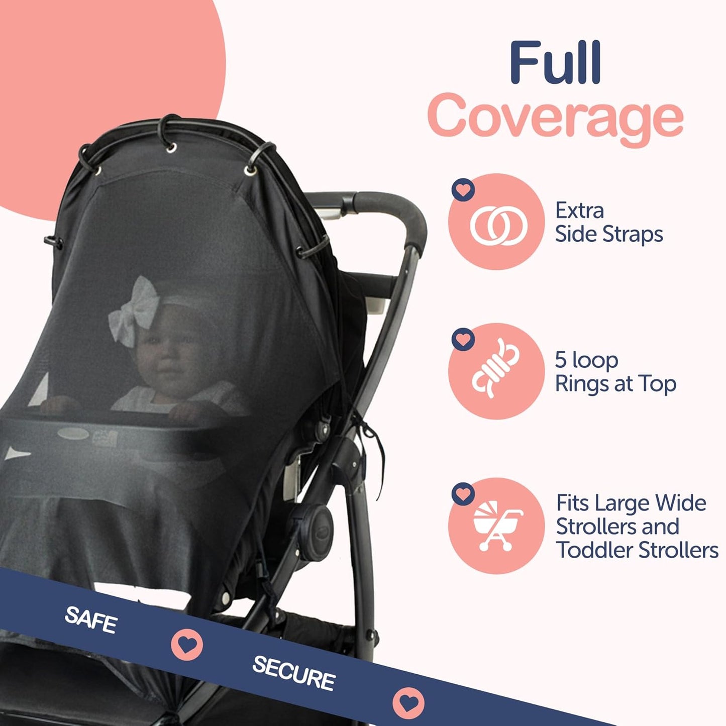 Stroller Sun Shade Extender – Universal Clip-On Baby Stroller Sun Shade Cover, UV Protection, Breathable See-Through Mesh, Adjustable Fit, Large Black