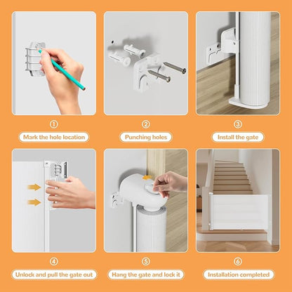 71" Wide Retractable Baby Gate for Stairs and Doorways - 34" Tall Mesh Safety Gate with Anti-Crawl Hook, Adjustable Baseboard Bracket, Pet Gate for Hallways, Kitchen, Indoor Outdoor, White