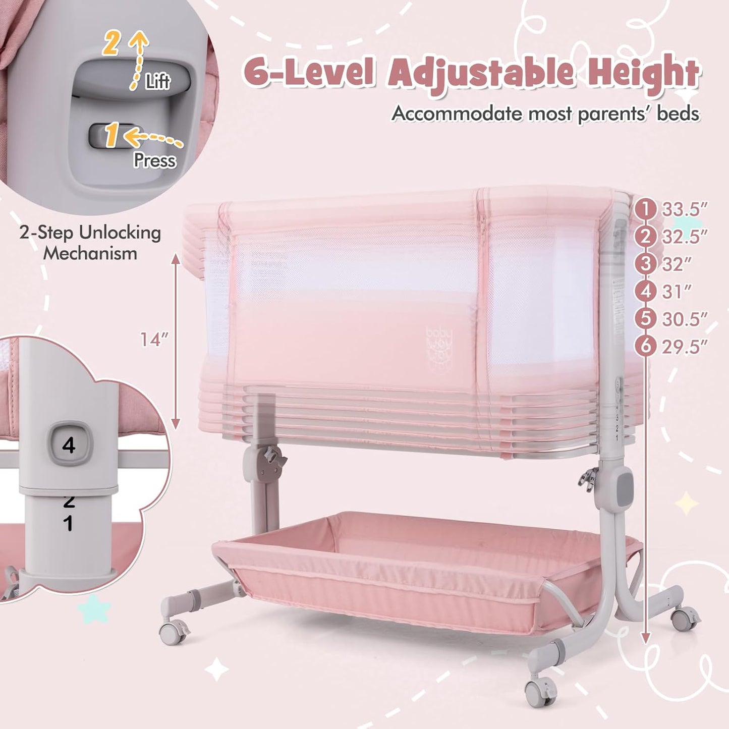 BABY JOY Bassinet, Bedside Crib w/ 6-Level Adjustable Height, Storage Shelf, Wheels, Mattress & Carry Bag for Safe Co-Sleeping, Folding Bassinet Bedside Sleeper for Newborn Infants (Gray)