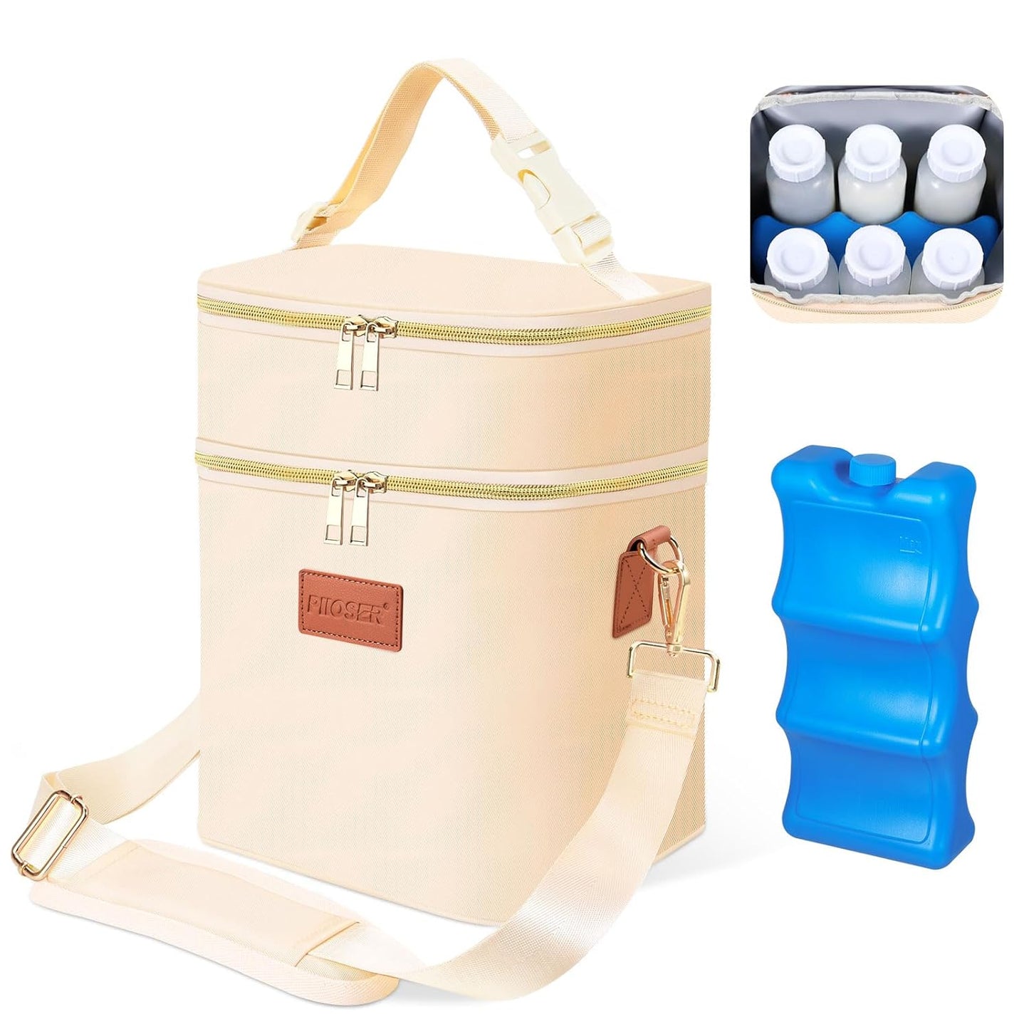 PIIOSER Breastmilk Cooler Bag with Ice Pack Fits 6 Baby Bottles Up to 9 Ounce, Insulated Baby Bottle Tote Bags, Double Layer Waterproof Leak-Proof with Shoulder Strap for Nursing & Working Mom (Grey)